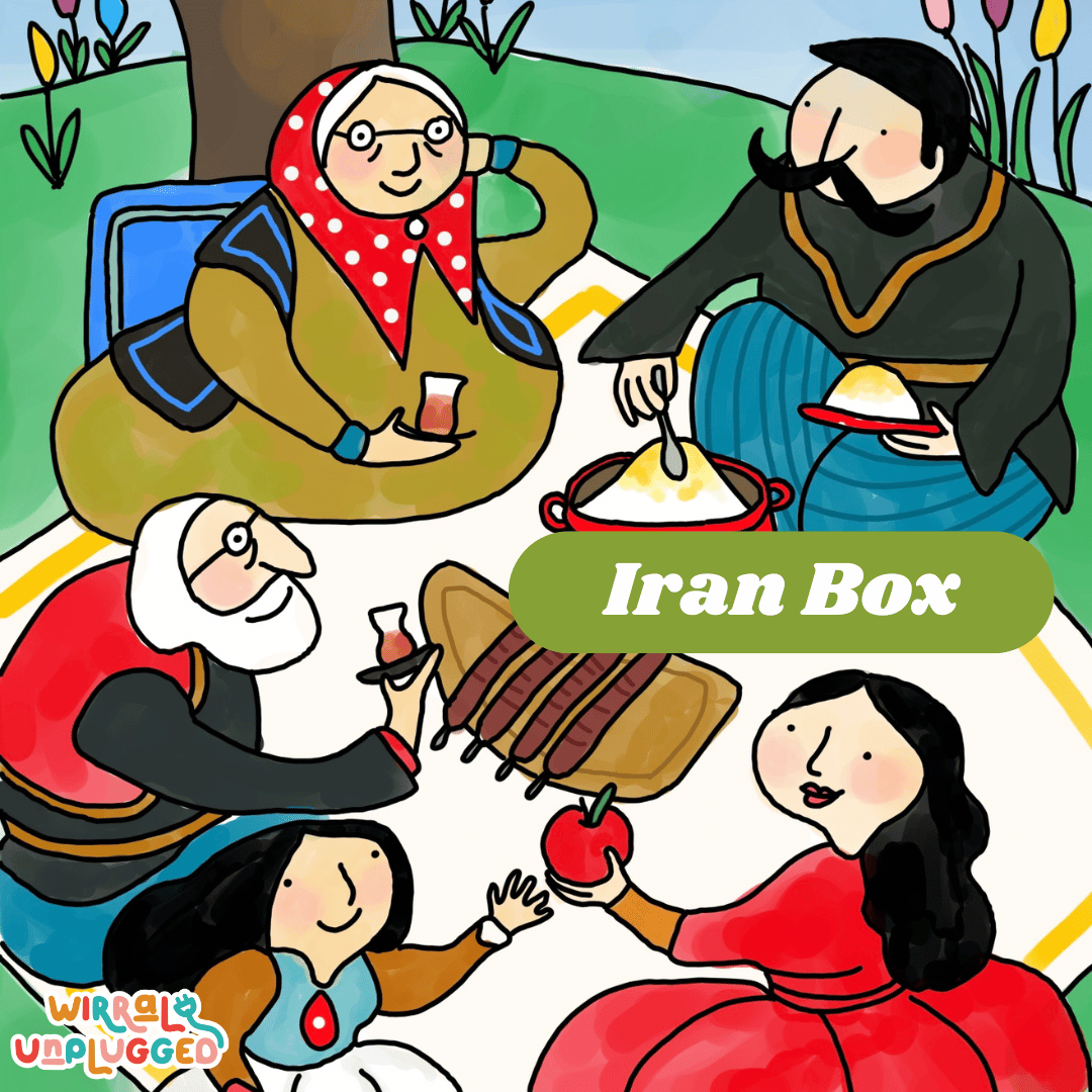 Iran Box cartoon family picture. Kids activities box Islamic activities for kids.