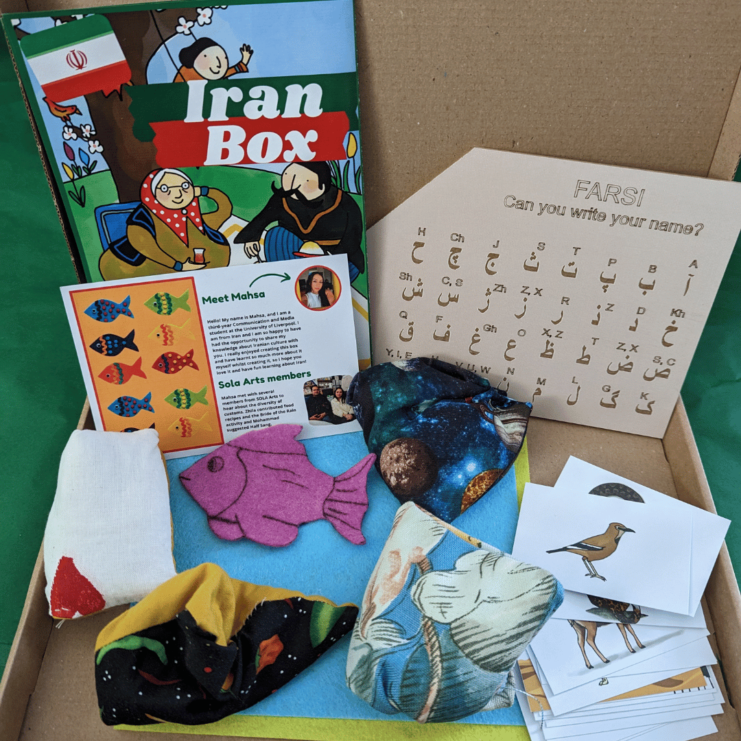 Iran activity box contents displaying an array of kids activities involving Iran. Islamic activities for kids.