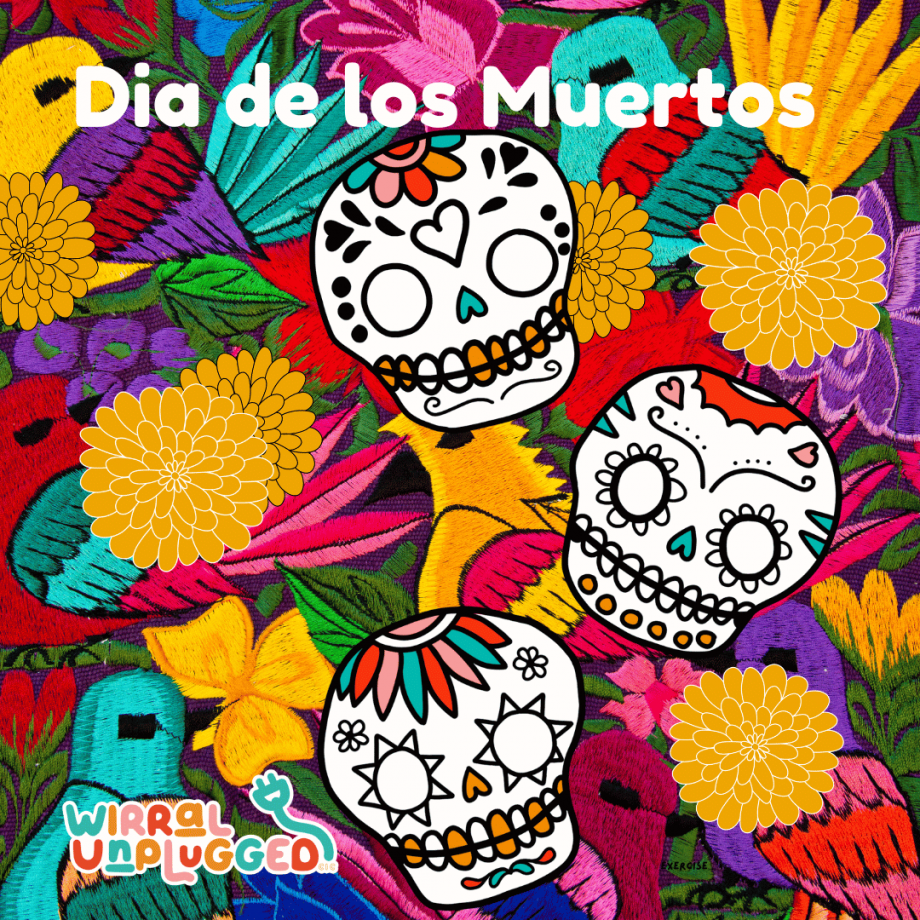 image of skulls decorated mexican style and merigolds
