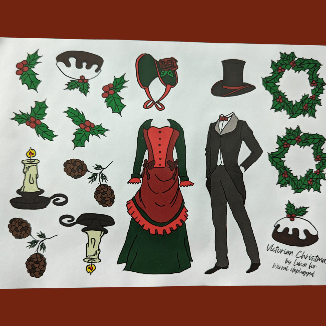 Victorian Christmas stickers with a man and woman's outfits, pine cones, candles, plum pudding and wreaths